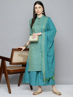 Jompers Women's Woven design kurta, palazzo and dupatta set - Firozi | Grocsy