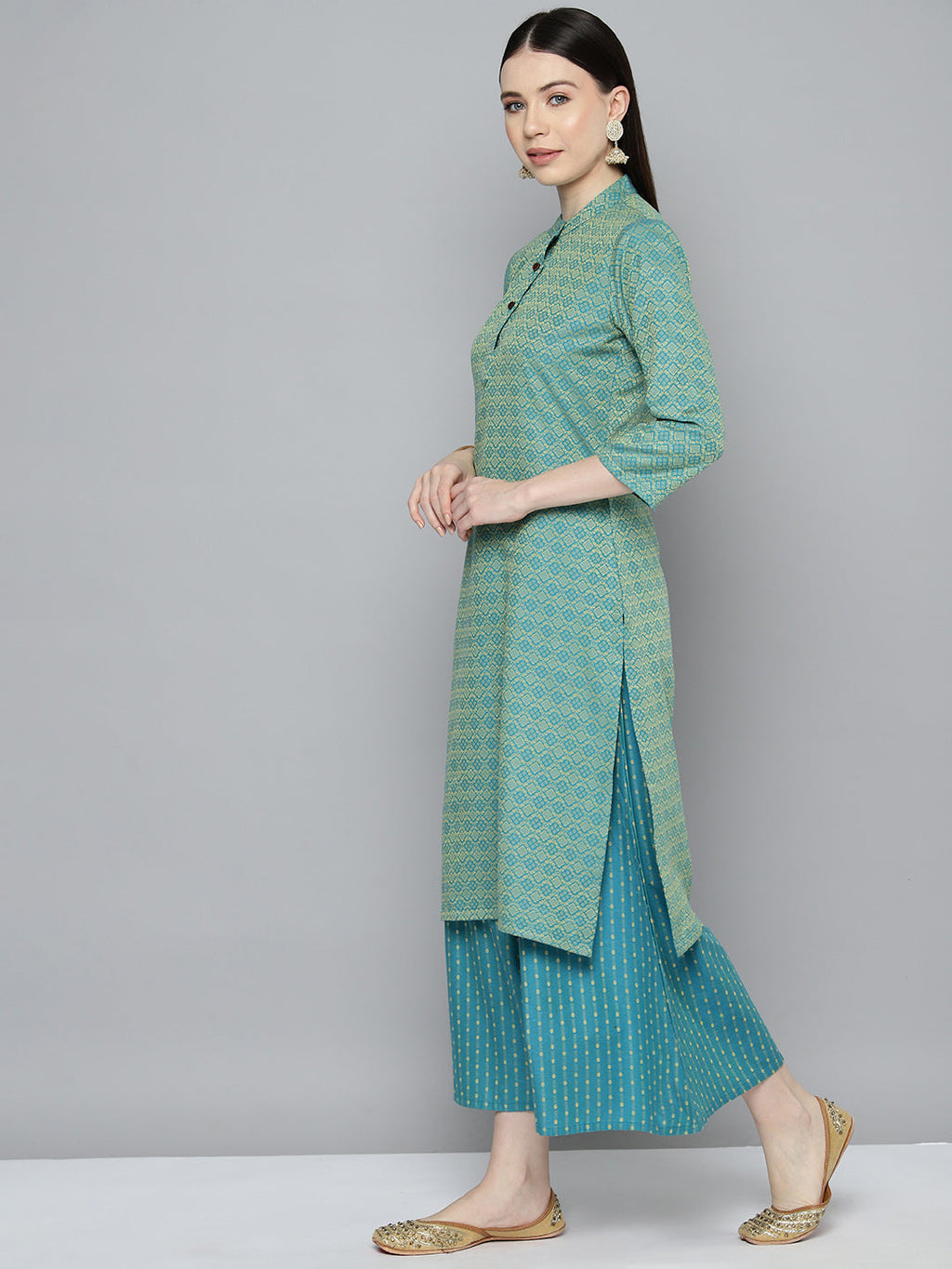 Jompers Women's Woven design kurta, palazzo and dupatta set - Firozi | Grocsy