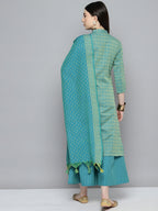 Jompers Women's Woven design kurta, palazzo and dupatta set - Firozi | Grocsy