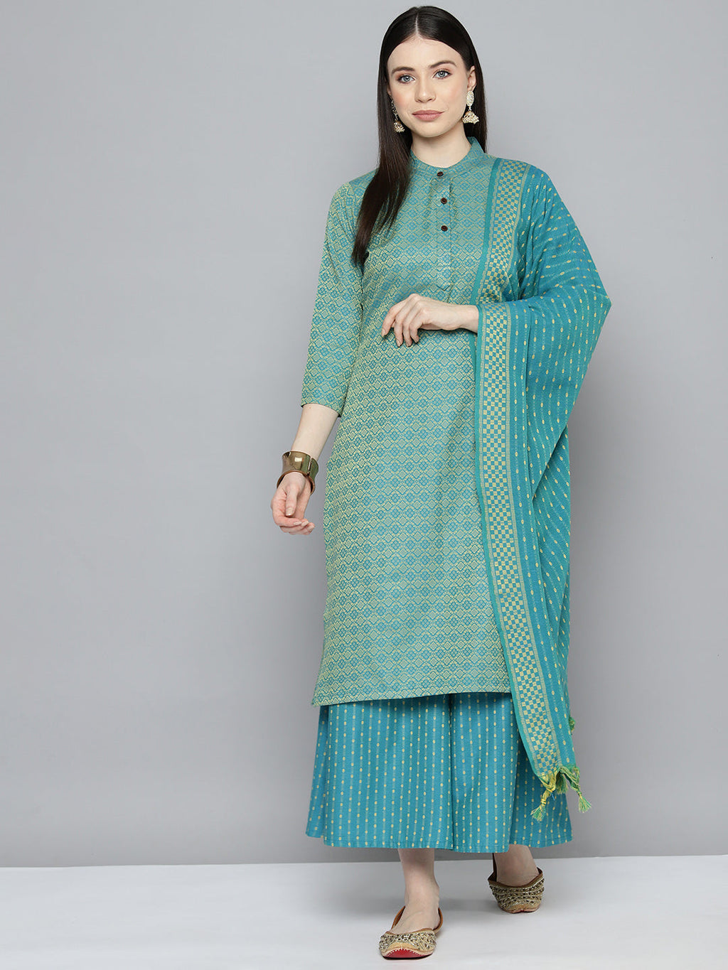 Jompers Women's Woven design kurta, palazzo and dupatta set - Firozi | Grocsy