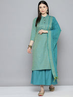 Jompers Women's Woven design kurta, palazzo and dupatta set - Firozi | Grocsy