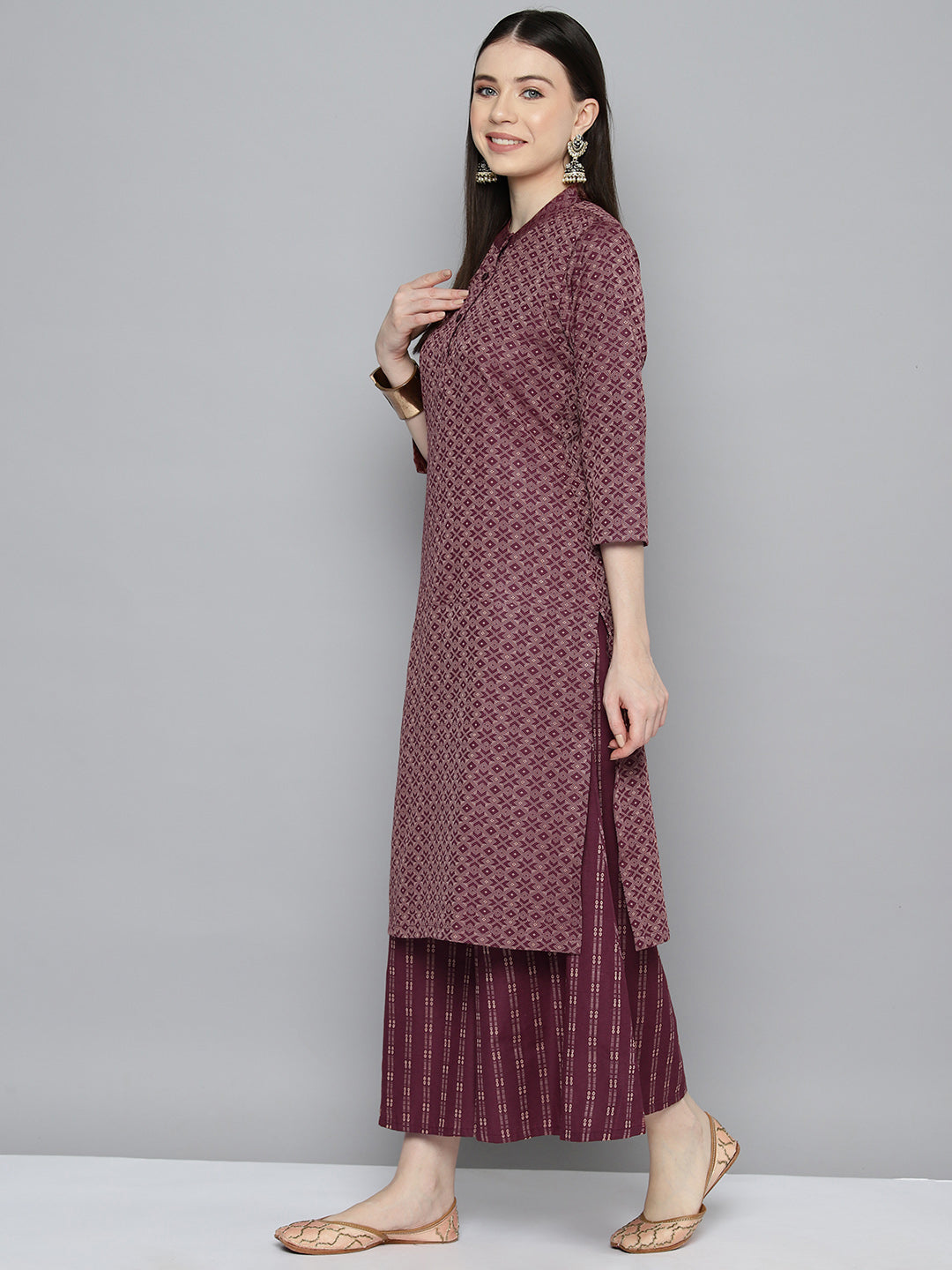 Jompers Women's Woven design kurta, palazzo and dupatta set - Purple | Grocsy