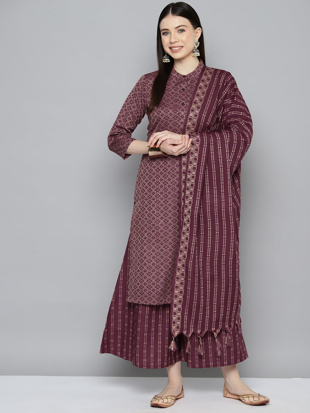 Jompers Women's Woven design kurta, palazzo and dupatta set - Purple | Grocsy