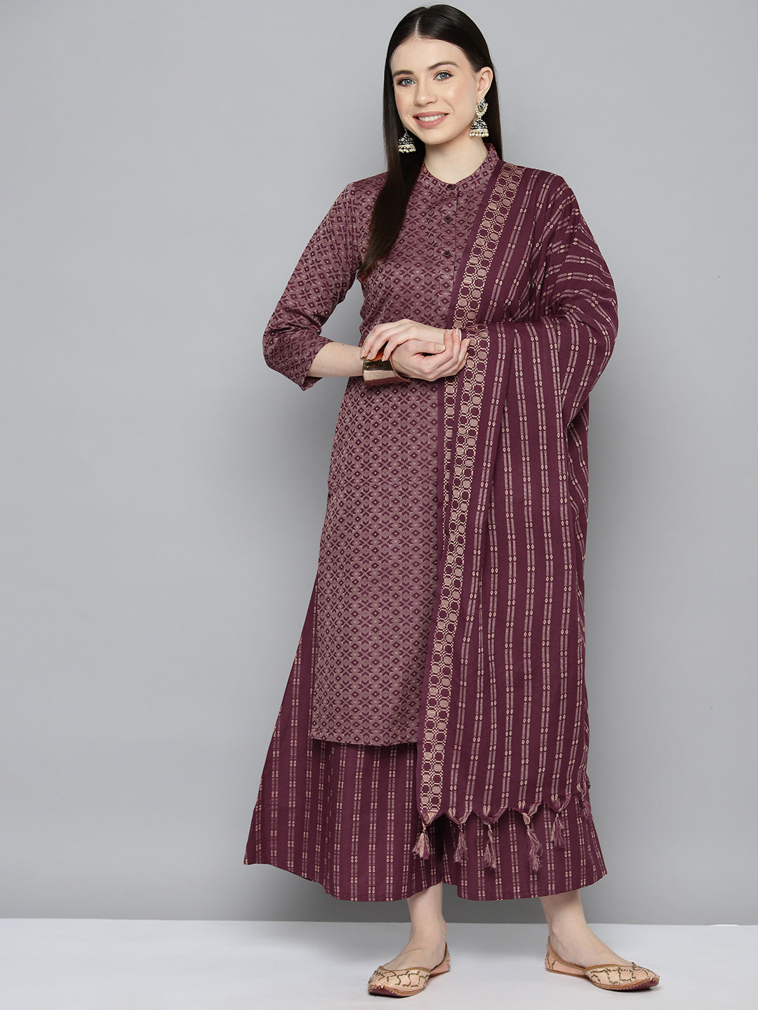 Jompers Women's Woven design kurta, palazzo and dupatta set - Purple | Grocsy