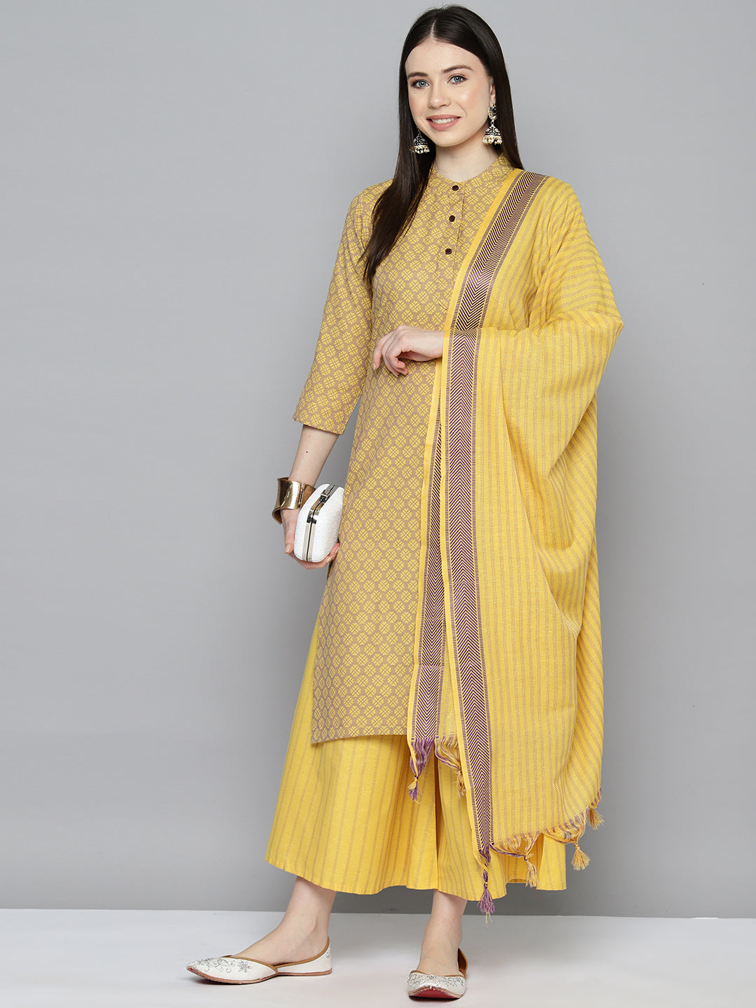 Jompers Women's Woven design kurta, palazzo and dupatta set - Yellow | Grocsy