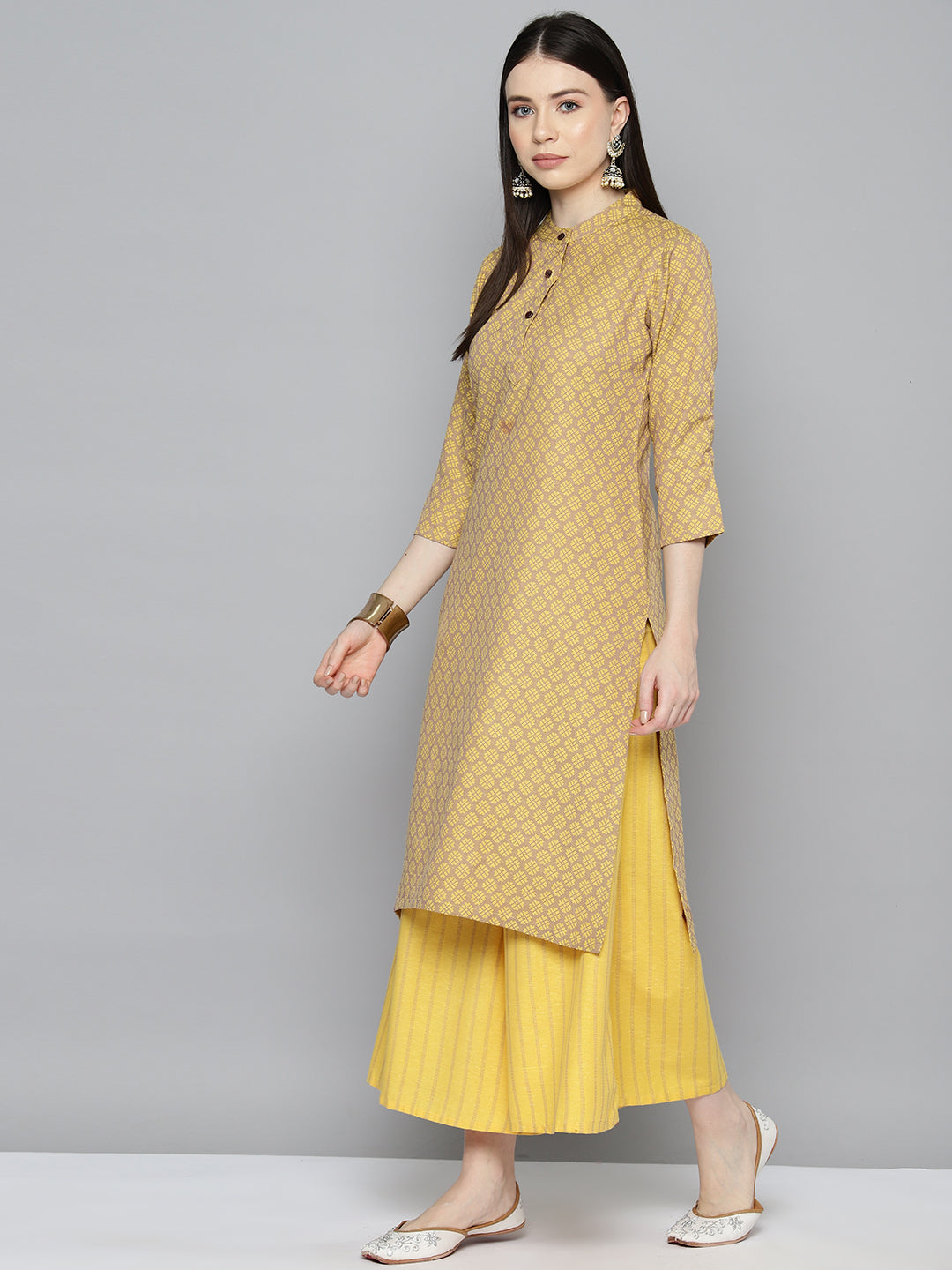 Jompers Women's Woven design kurta, palazzo and dupatta set - Yellow | Grocsy