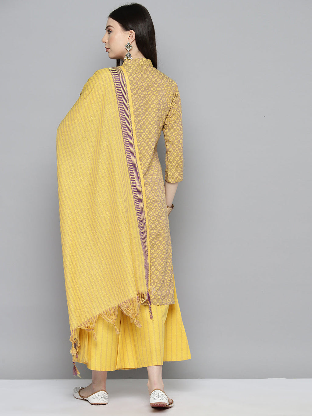 Jompers Women's Woven design kurta, palazzo and dupatta set - Yellow | Grocsy