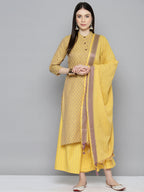 Jompers Women's Woven design kurta, palazzo and dupatta set - Yellow | Grocsy