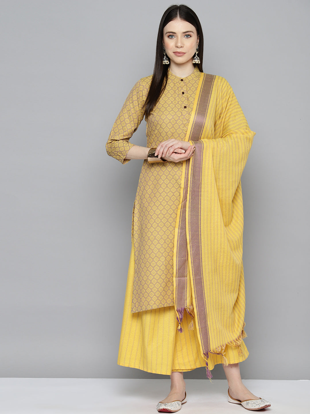 Jompers Women's Woven design kurta, palazzo and dupatta set - Yellow | Grocsy