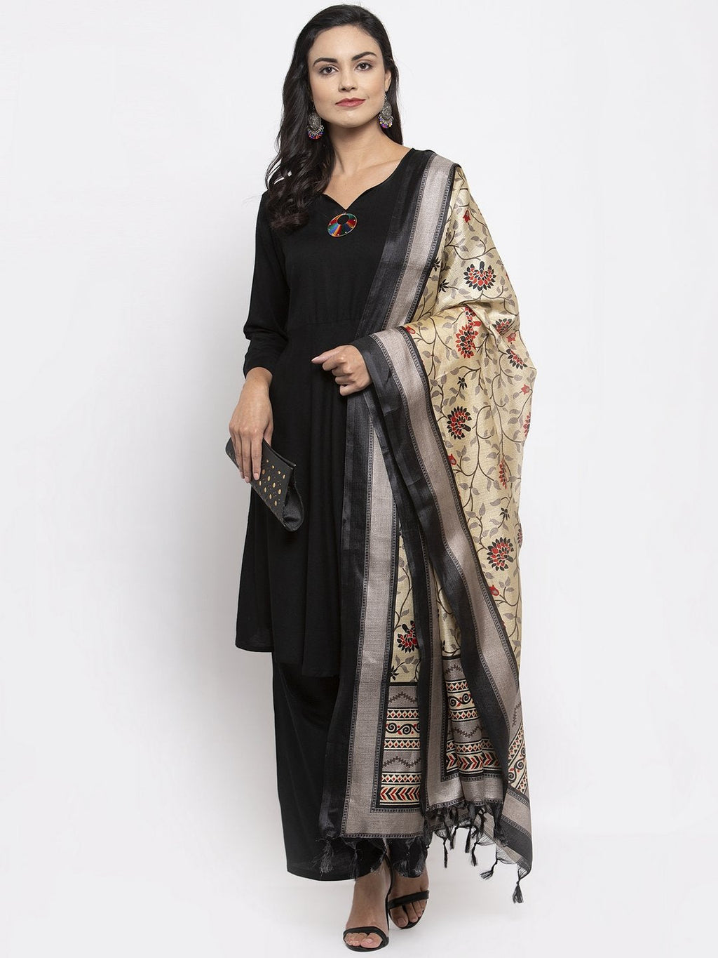 Jompers Women Black & Red Solid Kurta with Palazzos & Beige-Red Printed Dupatta | Grocsy