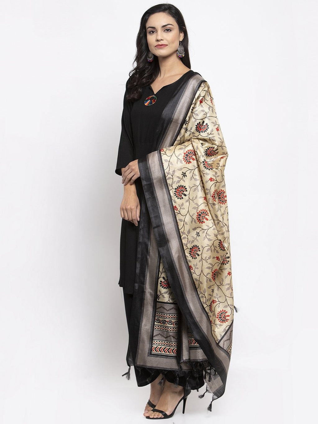 Jompers Women Black & Red Solid Kurta with Palazzos & Beige-Red Printed Dupatta | Grocsy