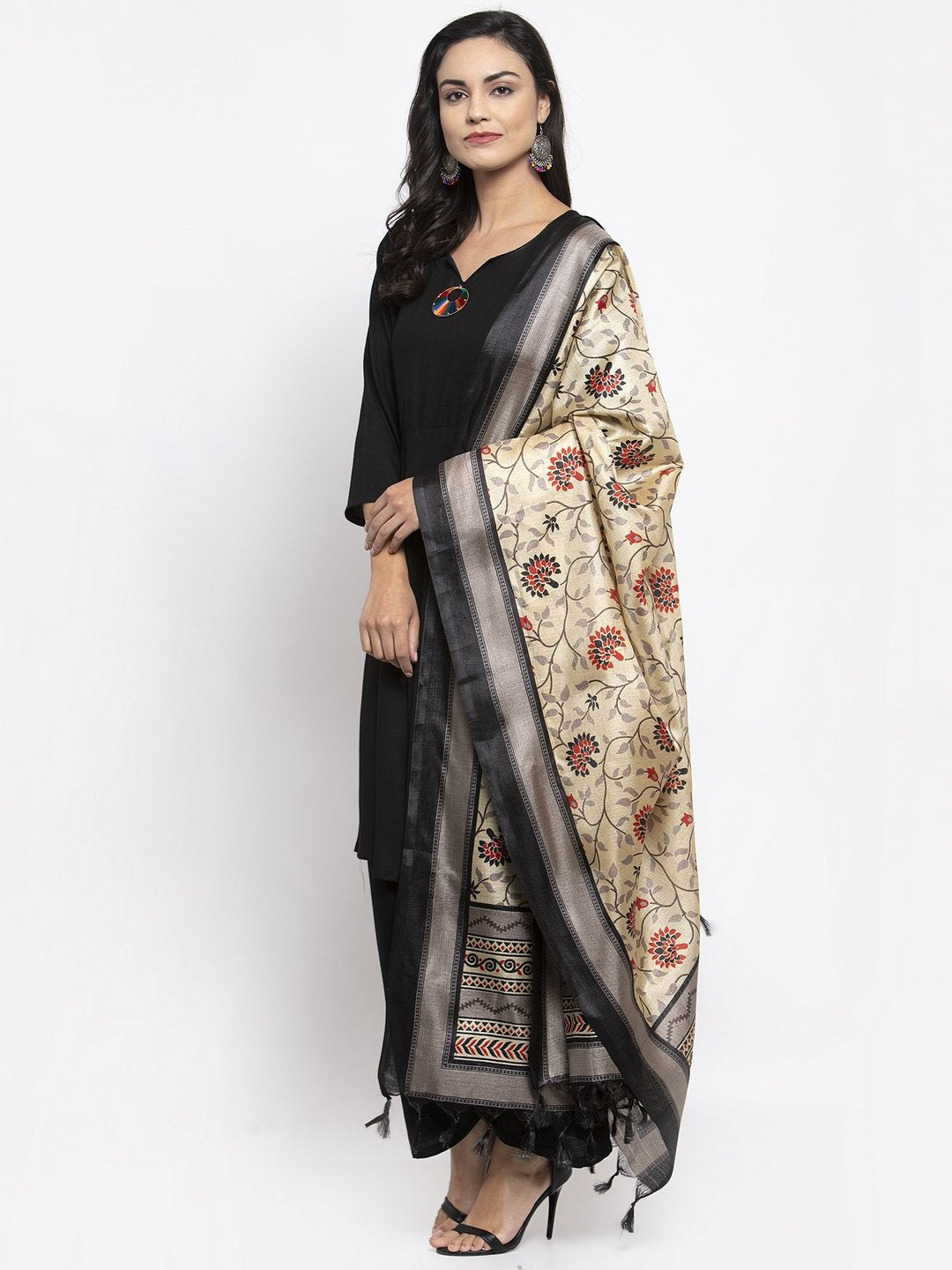 Jompers Women Black & Red Solid Kurta with Palazzos & Beige-Red Printed Dupatta | Grocsy