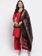 Jompers Women Red Solid Kurta with Palazzos & Red-Black Printed Dupatta | Grocsy