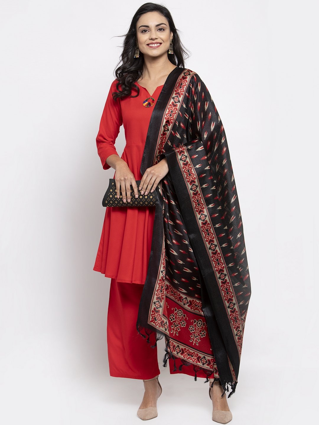 Jompers Women Red Solid Kurta with Palazzos & Red-Black Printed Dupatta | Grocsy