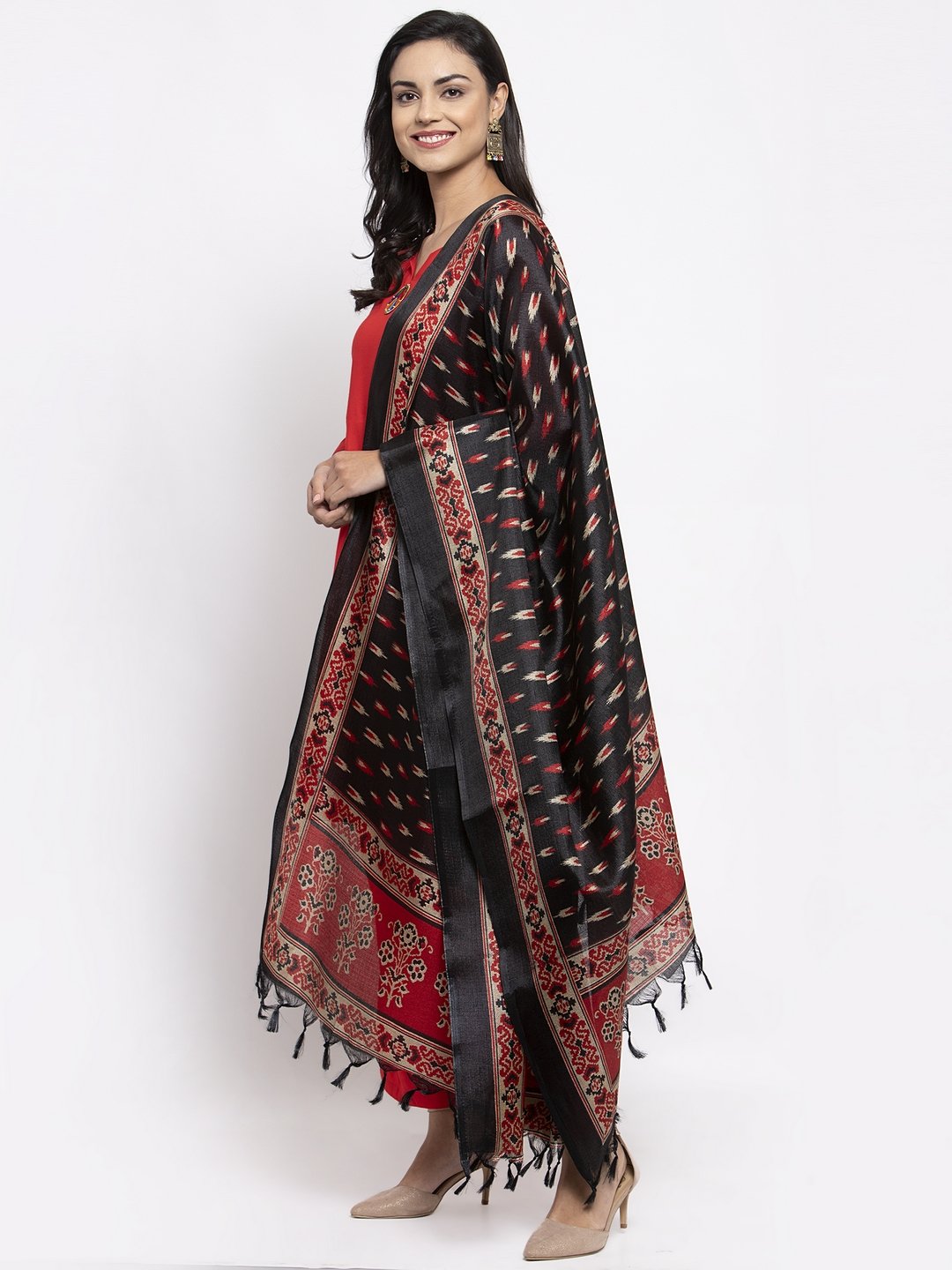 Jompers Women Red Solid Kurta with Palazzos & Red-Black Printed Dupatta | Grocsy