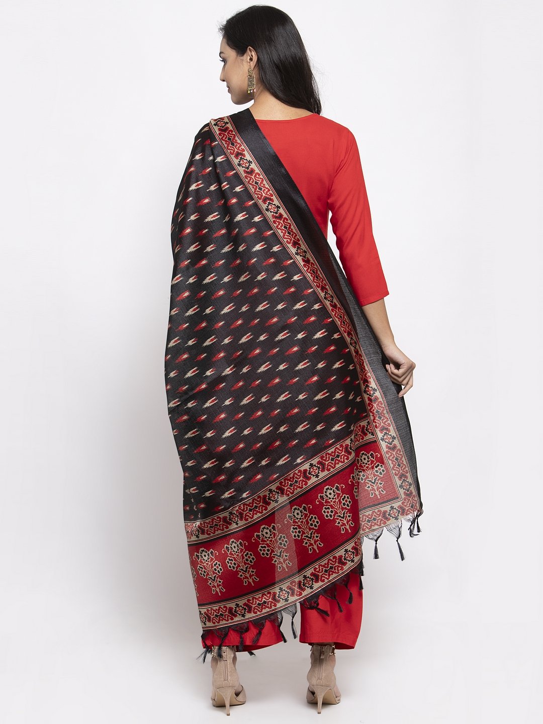 Jompers Women Red Solid Kurta with Palazzos & Red-Black Printed Dupatta | Grocsy