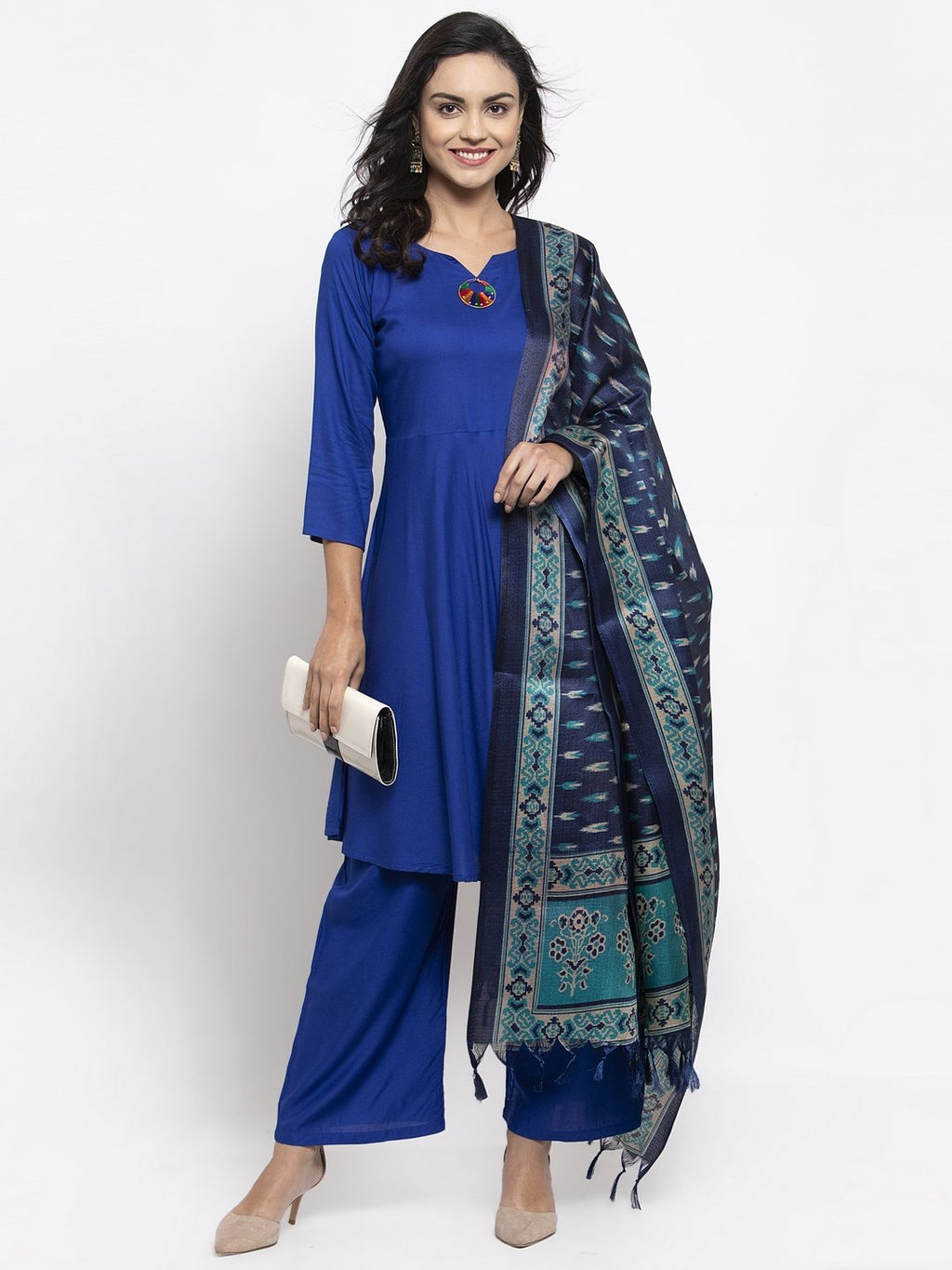 Jompers Women Royal-Blue Solid Kurta with Palazzos & Blue Art-Silk Printed Dupatta | Grocsy