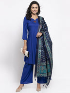 Jompers Women Royal-Blue Solid Kurta with Palazzos & Blue Art-Silk Printed Dupatta | Grocsy