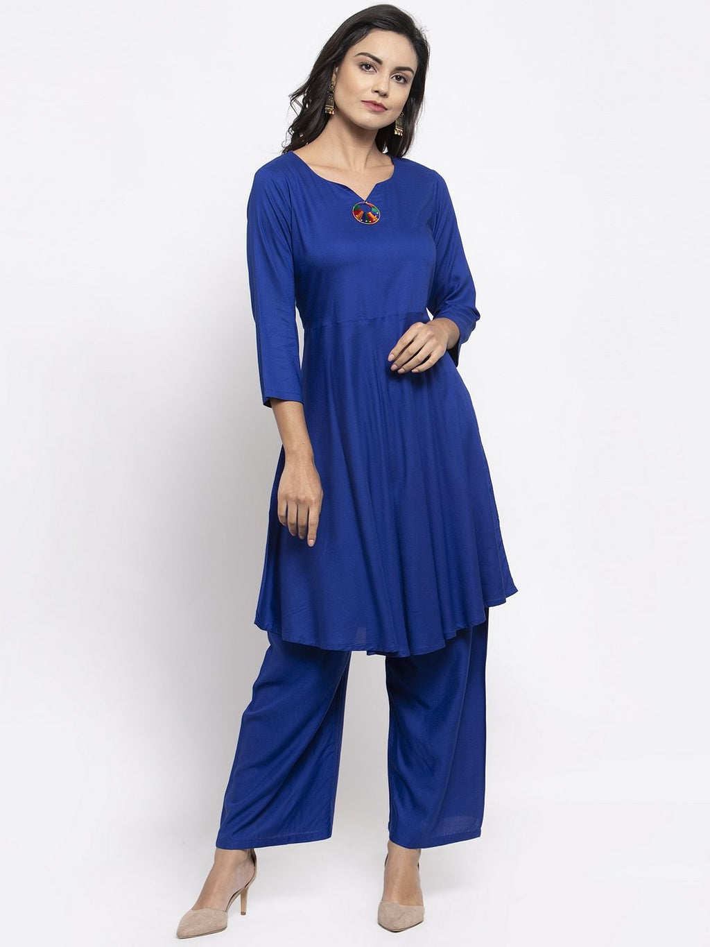 Jompers Women Royal-Blue Solid Kurta with Palazzos & Blue Art-Silk Printed Dupatta | Grocsy