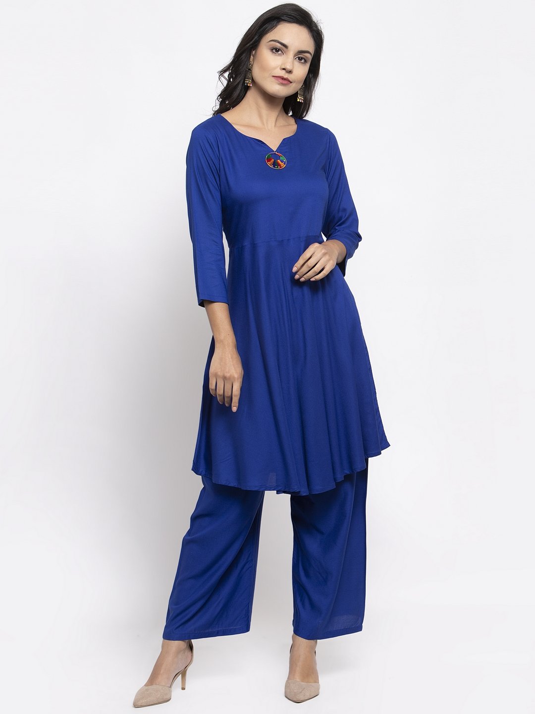 Jompers Women Royal-Blue Solid Kurta with Palazzos & Blue Art-Silk Printed Dupatta | Grocsy