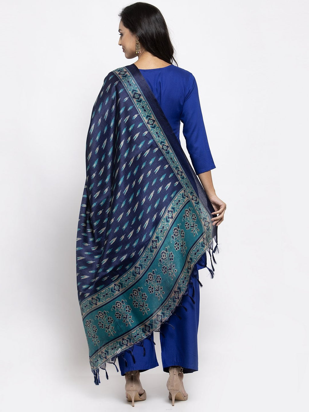 Jompers Women Royal-Blue Solid Kurta with Palazzos & Blue Art-Silk Printed Dupatta | Grocsy