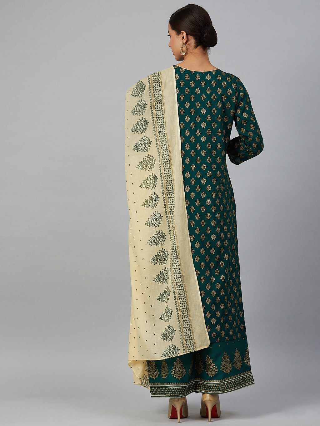 Jompers Women Green & Golden Printed Kurta with Palazzos & Dupatta | Grocsy