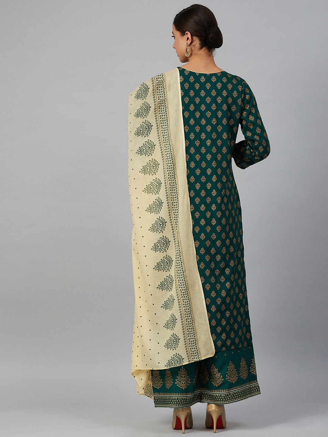 Jompers Women Green & Golden Printed Kurta with Palazzos & Dupatta | Grocsy