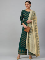 Jompers Women Green & Golden Printed Kurta with Palazzos & Dupatta | Grocsy