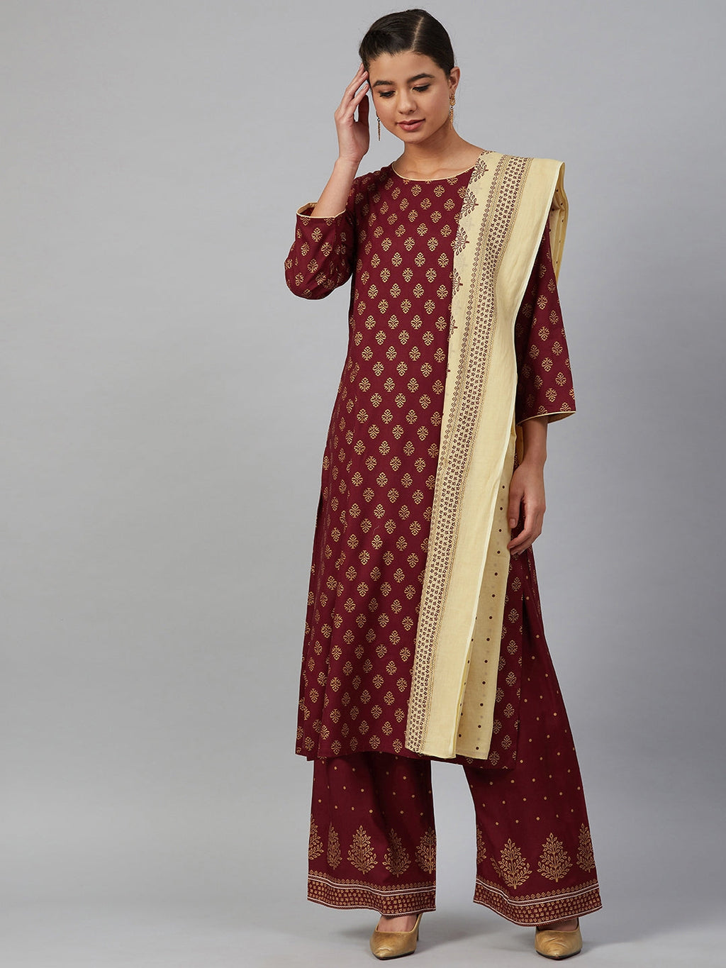 Jompers Women Maroon & Golden Printed Kurta with Palazzos & Dupatta | Grocsy