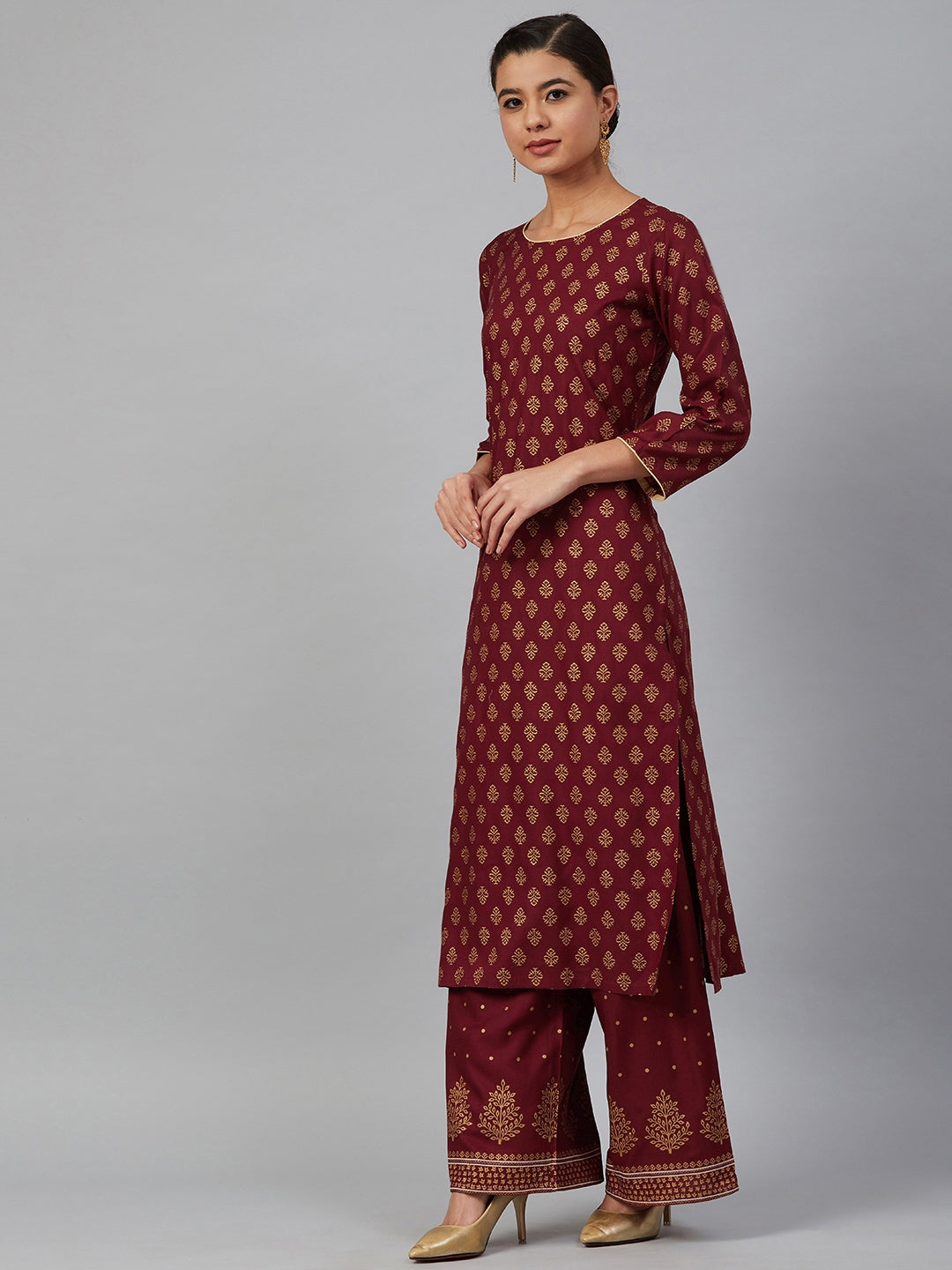 Jompers Women Maroon & Golden Printed Kurta with Palazzos & Dupatta | Grocsy