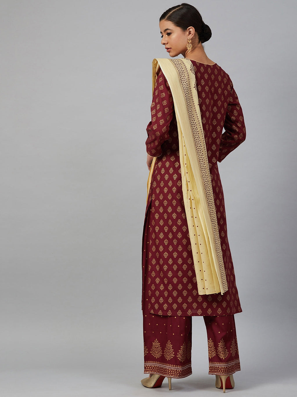Jompers Women Maroon & Golden Printed Kurta with Palazzos & Dupatta | Grocsy