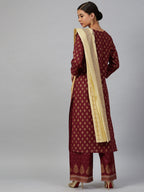 Jompers Women Maroon & Golden Printed Kurta with Palazzos & Dupatta | Grocsy