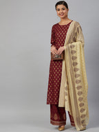 Jompers Women Maroon & Golden Printed Kurta with Palazzos & Dupatta | Grocsy