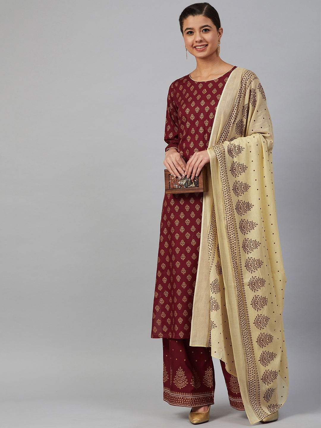 Jompers Women Maroon & Golden Printed Kurta with Palazzos & Dupatta | Grocsy