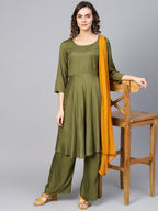 Jompers Women Olive Green Solid Kurta with Palazzos & Dupatta | Grocsy