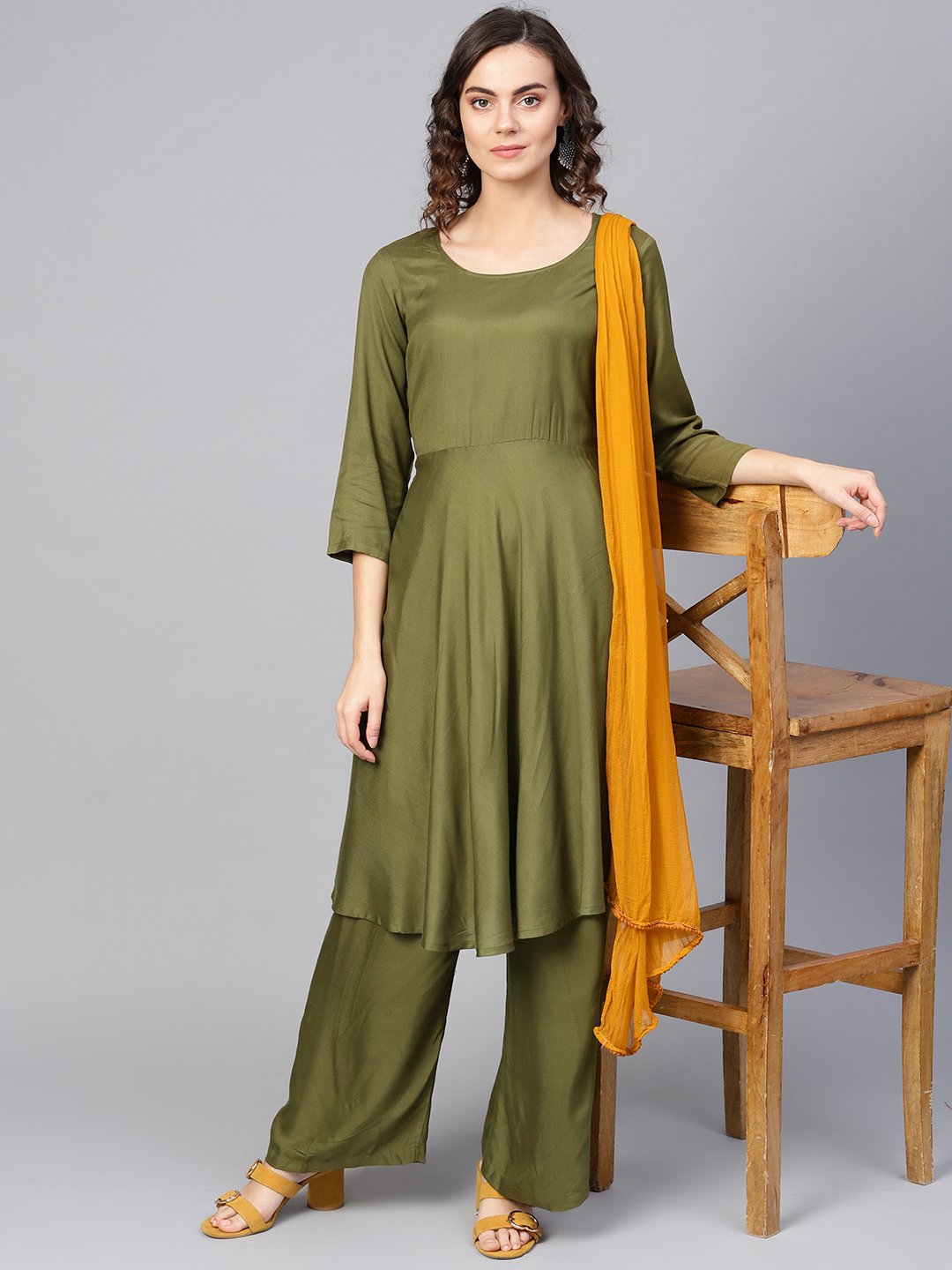 Jompers Women Olive Green Solid Kurta with Palazzos & Dupatta | Grocsy