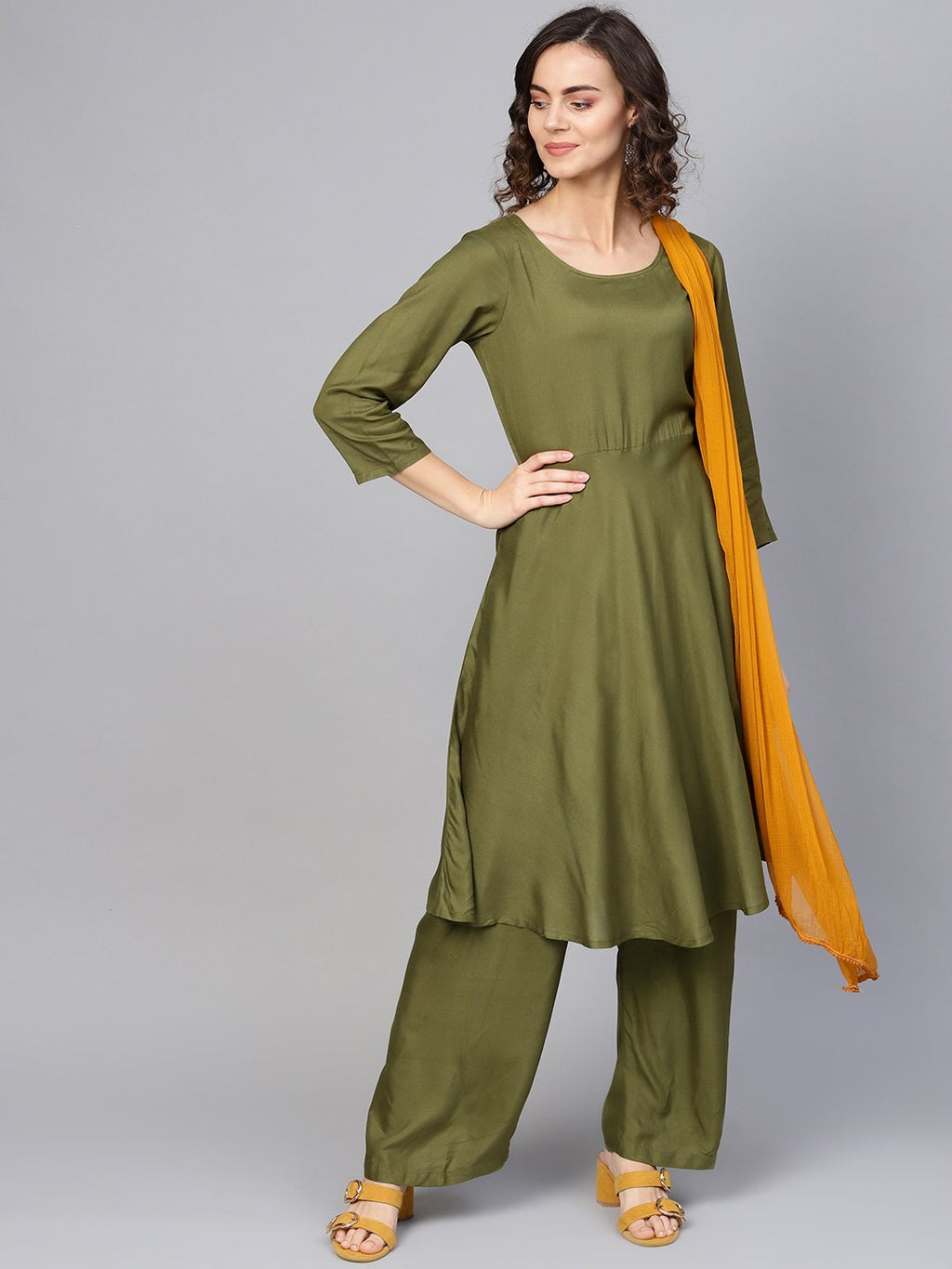 Jompers Women Olive Green Solid Kurta with Palazzos & Dupatta | Grocsy