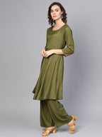 Jompers Women Olive Green Solid Kurta with Palazzos & Dupatta | Grocsy