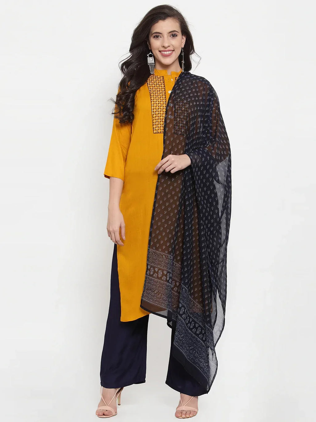 Jompers Women's Mustard Yellow & Navy Blue Embroidered Kurta with Palazzos & Dupatta | Grocsy