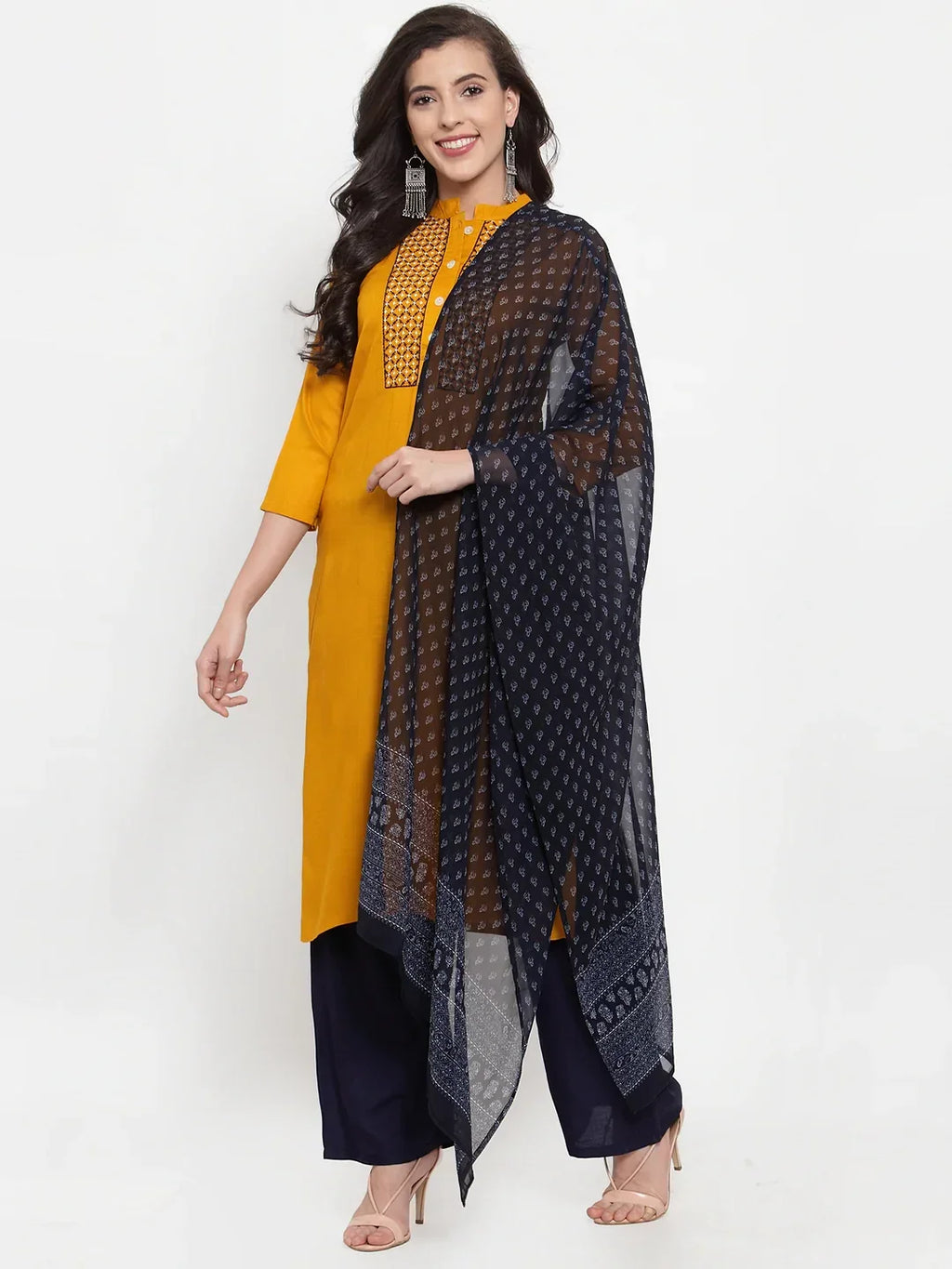 Jompers Women's Mustard Yellow & Navy Blue Embroidered Kurta with Palazzos & Dupatta | Grocsy