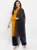 Jompers Women's Mustard Yellow & Navy Blue Embroidered Kurta with Palazzos & Dupatta | Grocsy
