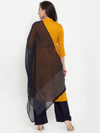 Jompers Women's Mustard Yellow & Navy Blue Embroidered Kurta with Palazzos & Dupatta | Grocsy