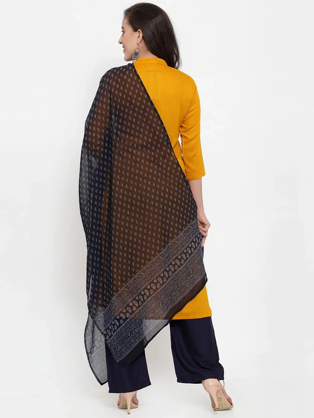 Jompers Women's Mustard Yellow & Navy Blue Embroidered Kurta with Palazzos & Dupatta | Grocsy