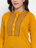 Jompers Women's Mustard Yellow & Navy Blue Embroidered Kurta with Palazzos & Dupatta | Grocsy