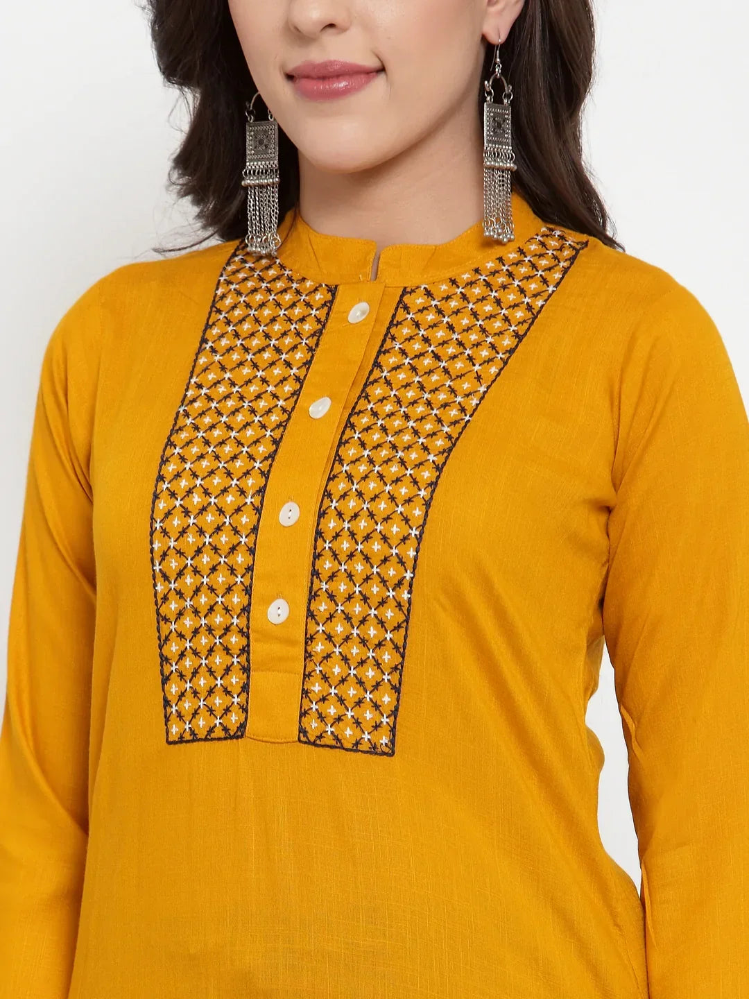 Jompers Women's Mustard Yellow & Navy Blue Embroidered Kurta with Palazzos & Dupatta | Grocsy