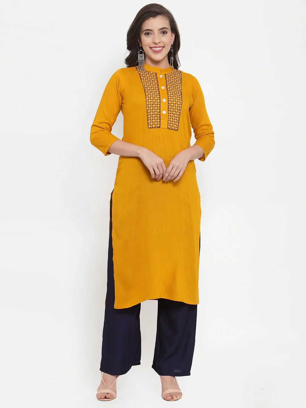 Jompers Women's Mustard Yellow & Navy Blue Embroidered Kurta with Palazzos & Dupatta | Grocsy