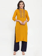 Jompers Women's Mustard Yellow & Navy Blue Embroidered Kurta with Palazzos & Dupatta | Grocsy