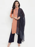 Jompers Women's Mustard Peach & Navy Blue Embroidered Kurta with Palazzos & Dupatta | Grocsy