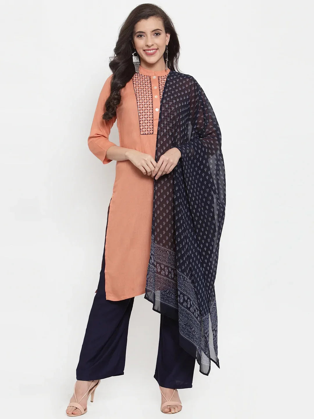Jompers Women's Mustard Peach & Navy Blue Embroidered Kurta with Palazzos & Dupatta | Grocsy