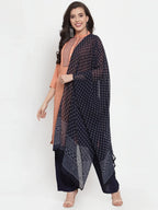 Jompers Women's Mustard Peach & Navy Blue Embroidered Kurta with Palazzos & Dupatta | Grocsy